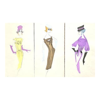 1959 Set of 3- French Mid-Century Fashion Drawings-Whimsical For Sale