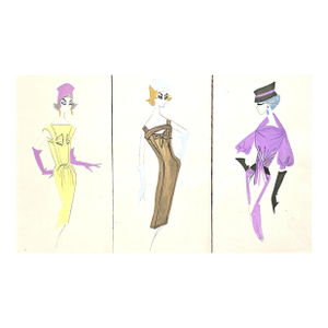 1959 Set of 3- French Mid-Century Fashion Drawings-Whimsical