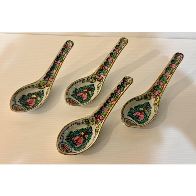 Vintage Hong Kong Porcelain Chinese Soup Spoons, Pink Floral & Longevity Motif Famille Rose Style — Set of 4 For Sale In Phoenix - Image 6 of 10
