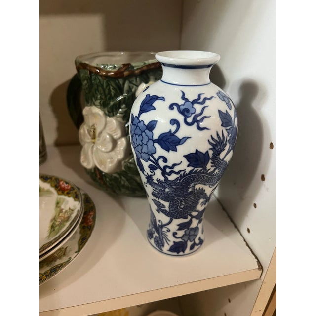 Ceramic 1970s Blue and White Asian Dragon Vase For Sale - Image 7 of 8