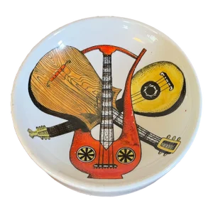 Mid-Century Modern Italian 1950's Piero Fornasetti Round Porcelain Dish or Low Bowl With Musical Instruments - Guitar, Mandolin and Harp or Lyre