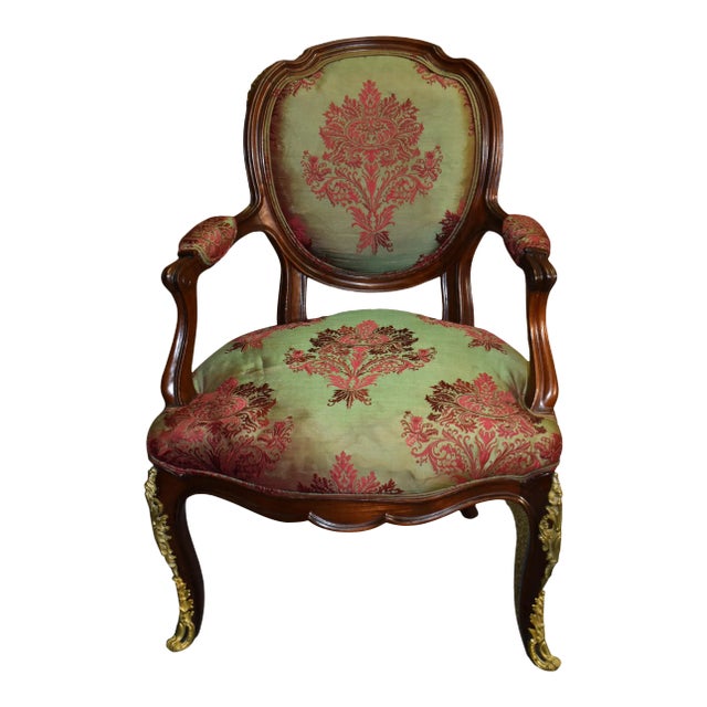 Vintage Italian Style Arm Accent Chair W/Brass Ormolu For Sale
