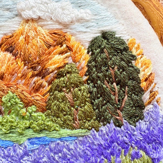 Golden Hour Peaks & Lavender Field - Hand-Embroidered Wall Art For Sale - Image 11 of 14