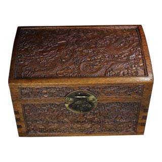 Chinese Rosewood Carved Dragon Treasure Box With Brass Hardware For Sale