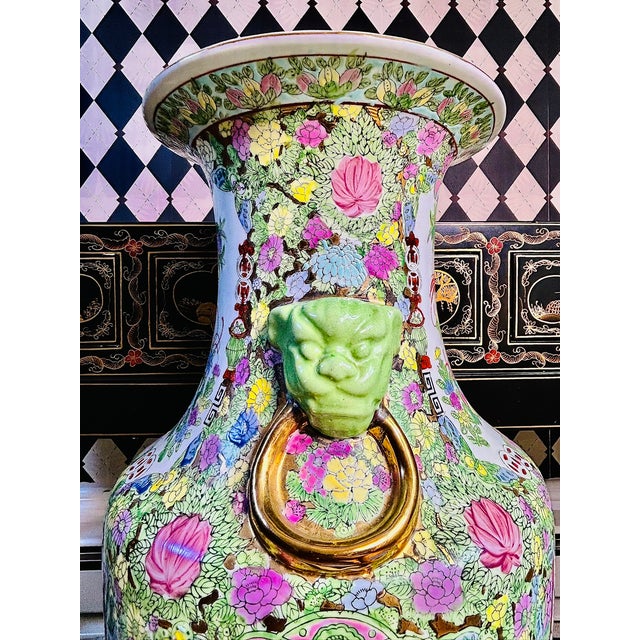 Chinese Famille Rose Floor Vase With Celadon Foo Dog Mask Handles, 24" For Sale In Boston - Image 6 of 12