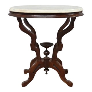 Antique Eastlake Carved Walnut Oval Marble Top Table Unsigned C1890 For Sale