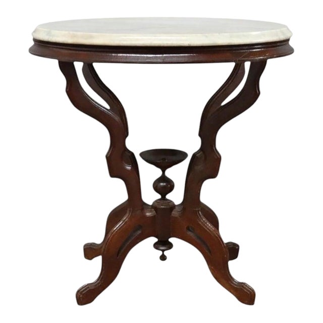 Antique Eastlake Carved Walnut Oval Marble Top Table Unsigned C1890 For Sale