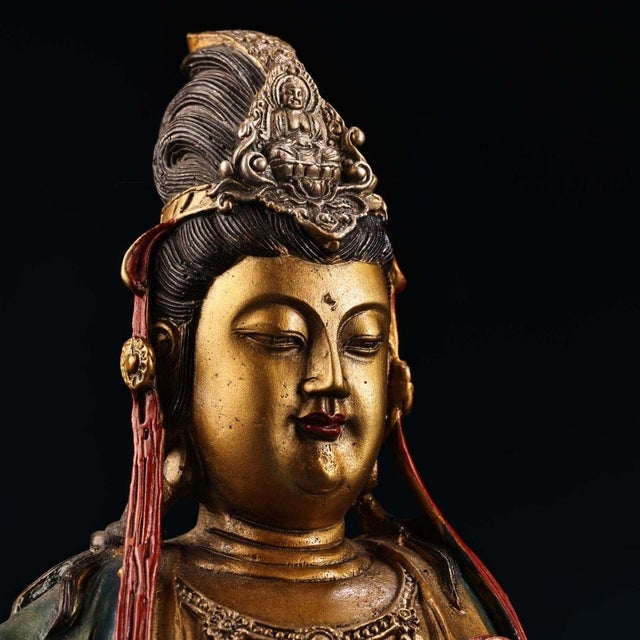 Painted Gilt‑Bronze Water‑Moon Guanyin Statue, Chinese Free‑Seated Avalokiteshv Figure For Sale In Los Angeles - Image 6 of 10