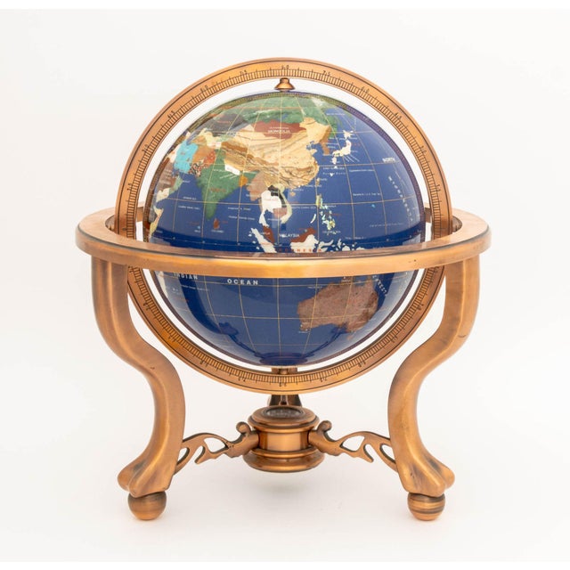 Late 20th Century Modern Semi-Precious Stone Inlaid Revolving Globe on Copper Stand For Sale - Image 5 of 15