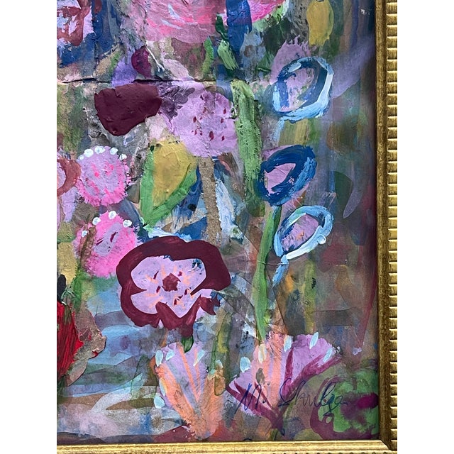 Abstract contemporary mixed media on brown paper Pink Florals painting in profiled gold tone frame, signed lower right M...