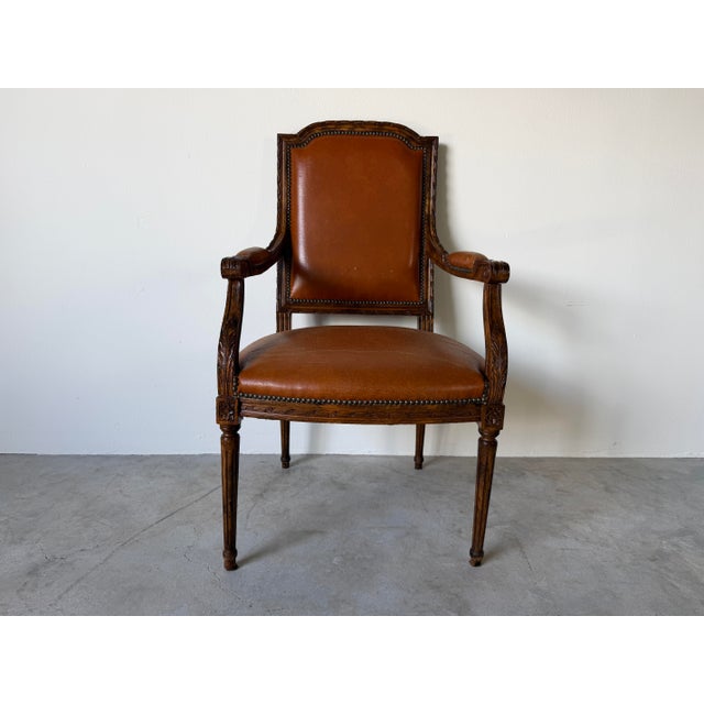 French Vintage French Louis XVI Style Carved Wood & Brown Leather Armchair For Sale - Image 3 of 12