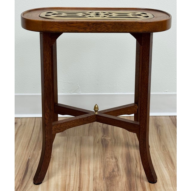 Traditional Vintage Wood With Brass Insert Side Table Candle Stand Kettle Table For Sale - Image 3 of 10