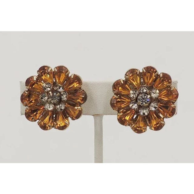 1950s Vintage 1950s Signed Kramer Goldtone Faux-Topaz Rhinestone Clip Earrings - 2 Pieces For Sale - Image 5 of 7
