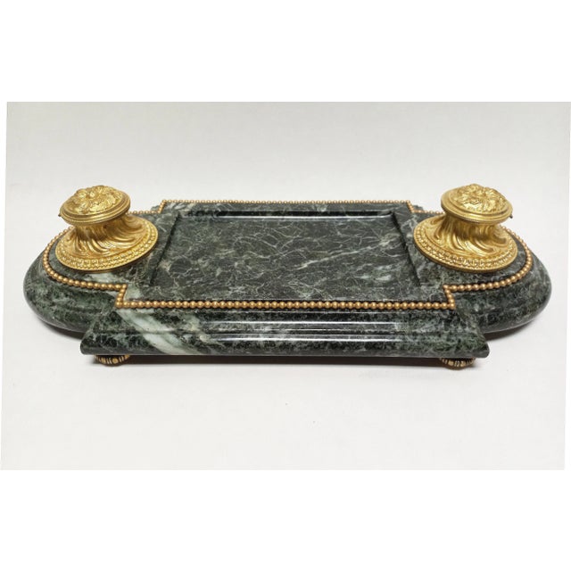 Forest Green Late 19th Century Inkwell in Gilded Bronze & Green Marble For Sale - Image 8 of 11