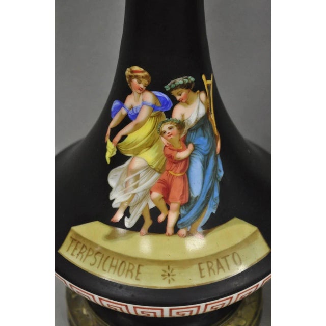 Antique French Neoclassical Bronze & Black Porcelain Painted Table Lamps - Pair For Sale - Image 4 of 15