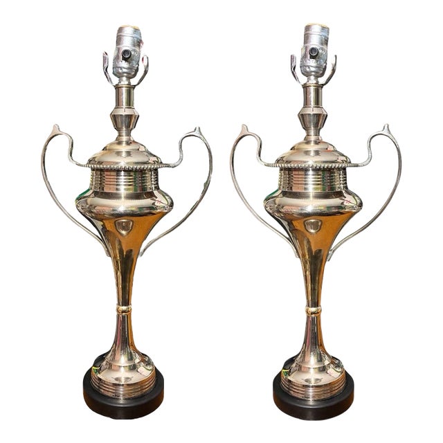 Vintage Tanner Kenzie Arteriors Silver Trophy Urn Table Lamps - A Pair For Sale