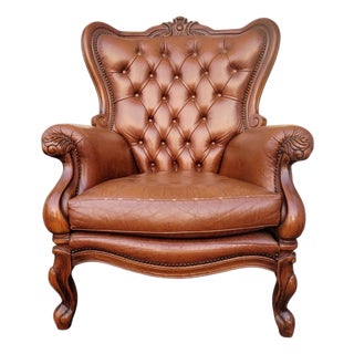 French Louis XV Style Chair in Carved Walnut and Patinated Leather, 1890s For Sale