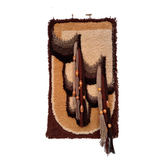 Large Abstract Hand-Woven Tapestry Style Wall Hanging with Wooden Details on Bamboo Stick, West-Germany 1960s For Sale