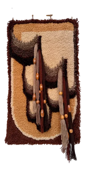 Large Abstract Hand-Woven Tapestry Style Wall Hanging with Wooden Details on Bamboo Stick, West-Germany 1960s
