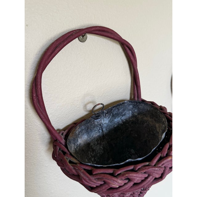 Mid 20th Century Victorian English Burgundy Wicker Conical Shaped Handle Wall Pockets, a Pair For Sale - Image 9 of 11