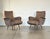 Pair of 1960s armchairs, black lacquered metal frame and brass tips, dove grey fabric (brown/grey)
