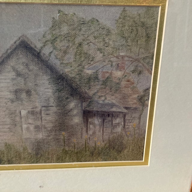 American Vintage Framed Cottage Landscape Print in Wood Frame For Sale - Image 3 of 8