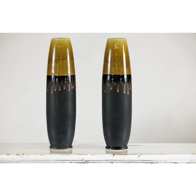 Artisan Slim Ochre and Black Ceramic Vases with Drip-Glaze Tops - A Pair For Sale - Image 10 of 18