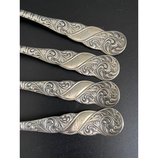 Metal Antique Aurora Royal 1890 Silverplate Fruit Orange Spoons Engraved With "Ella" - Set of 4 For Sale - Image 7 of 9