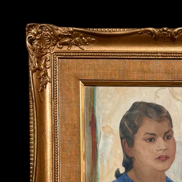 Early 20th Century Henri De Kruif Antique Watercolor Portrait of Woman With Flowers W/ Ornate Gold Frame For Sale - Image 4 of 8