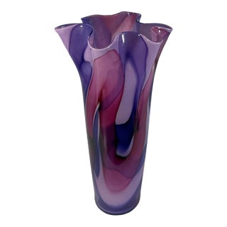 12/ 1/4 In. Tall Signed Purple Swirl Fazzoletto Lip Studio Art Glass Vase For Sale