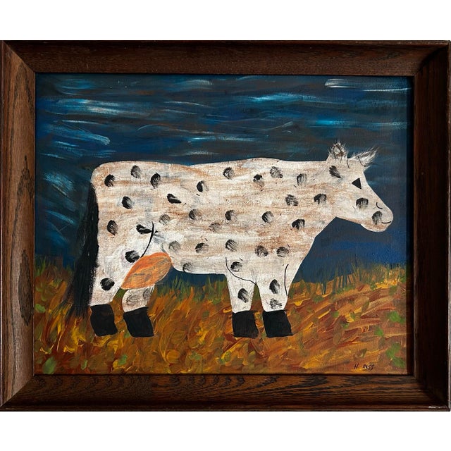 Abstract Primitive Abstract Painting of a Cow in Vintage Wood Frame For Sale - Image 3 of 7