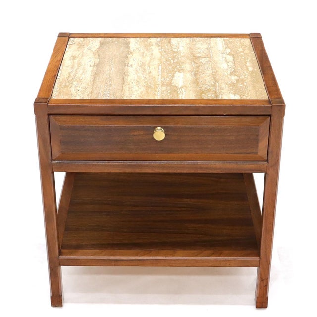 Late 20th Century John Widdicomb Solid Walnut Oak Interior Travertine Top End Table Stand For Sale - Image 9 of 16
