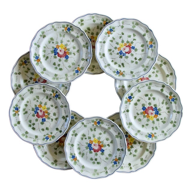 Large French Hand-Painted Plates from Longchamp, 1950, Set of 10 For Sale