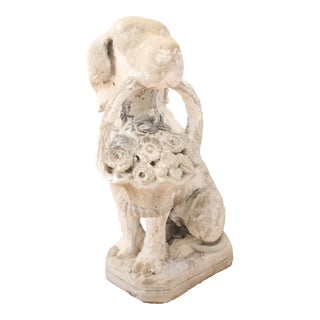 Carved Whimsical English Cast Dog With Basket Statue/Garden For Sale