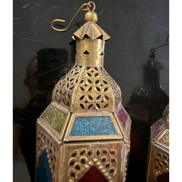 Glass Vintage Hanging Moroccan Style Glass Lantern Tea Light Holder Lot of 3 For Sale - Image 7 of 8