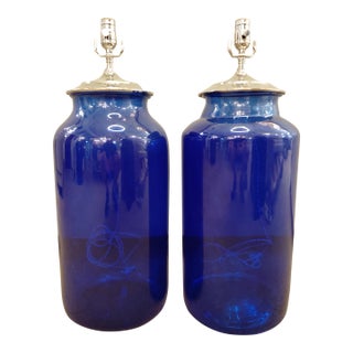 Vintage Cobalt Blue Glass Jar Table Lamps - a Pair For Sale