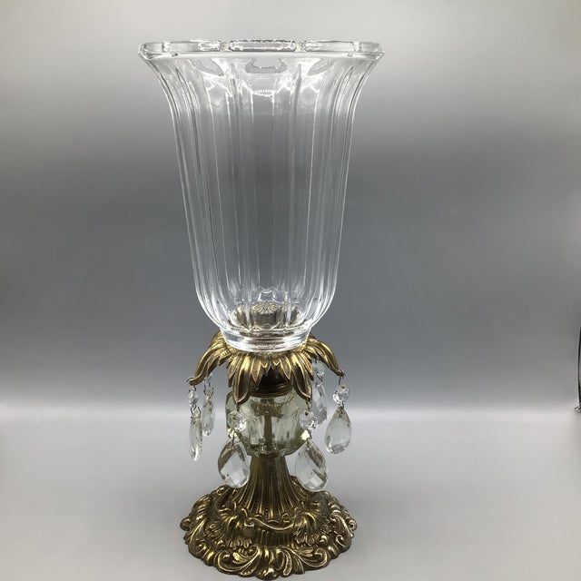 Hurricane Candle Holder Brass Base and Crystal Bowl With Hanging Crystals For Sale - Image 4 of 12