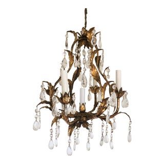 Vintage Italian Gold Gilt Tole Crystal Chandelier For Sale