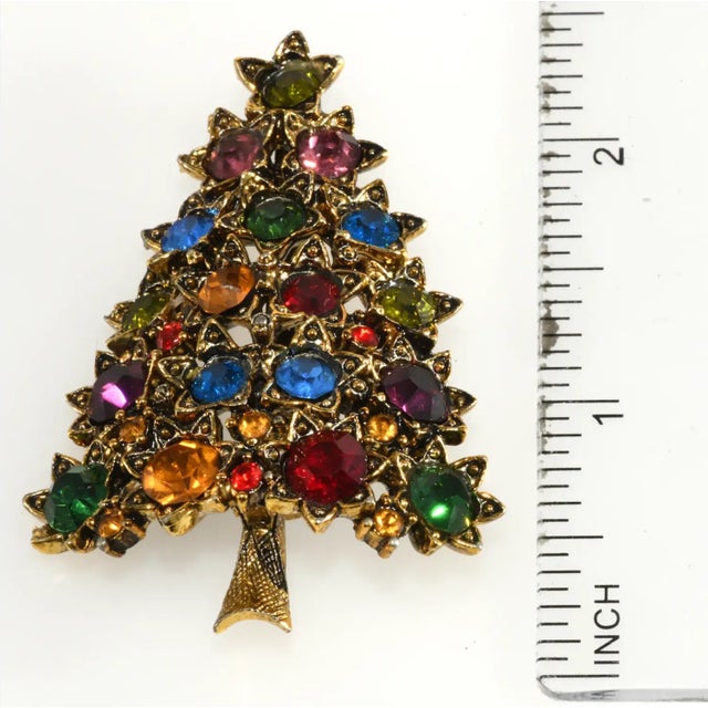 Vintage Pakula Christmas Tree Pin Multicolor Rhinestones For Sale - Image 4 of 4