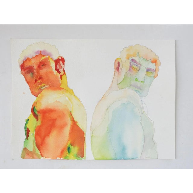 Vintage watercolor on paper dual portrait of male torso in warm and cool tones. Unsigned. Unframed.