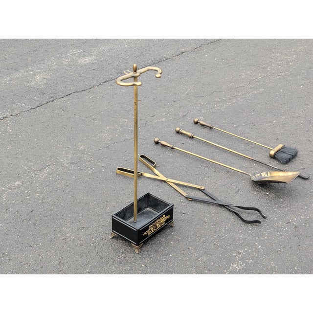 Vintage 4 Piece Set Brass Fireplace Tools With Stand For Sale - Image 4 of 10