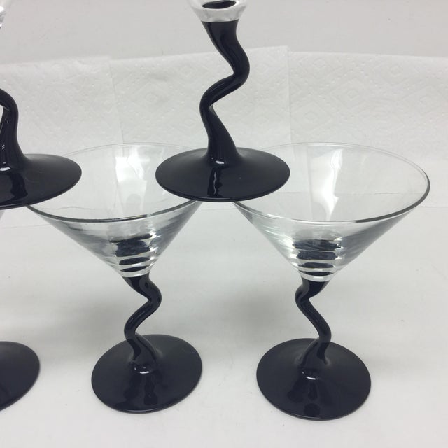 Vintage Martini Glasses With Crooked Stems and Black Cut to Clear Set