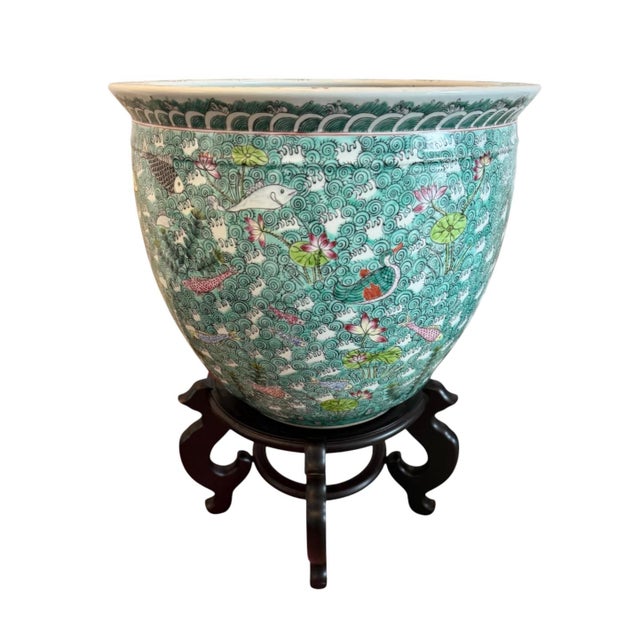 Mid 20th Century Vintage Chinese Famille Vert Fish Pots / Planters With Stands - A Pair For Sale - Image 5 of 10