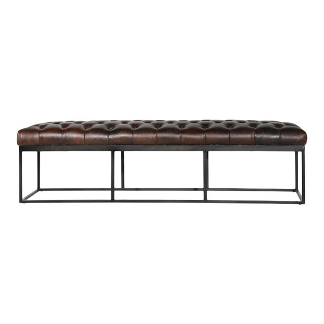 Tufted Leather & Iron Bench For Sale