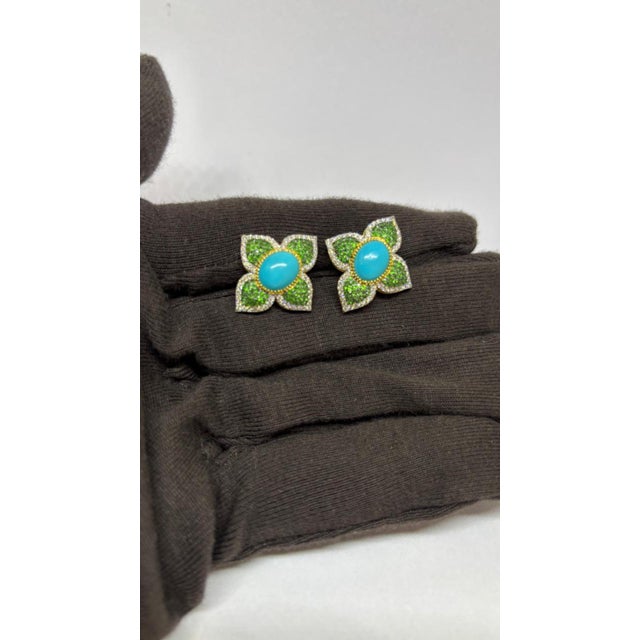 Modern Natural Tsavorite, Turquoise & Diamond Earring in 14k Gold For Sale - Image 3 of 8
