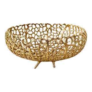 Vintage Brutalist Cast Aluminum Coral Form Centerpiece Bowl | Organic Modern Coastal Gold Sculptural Fruit Basket For Sale