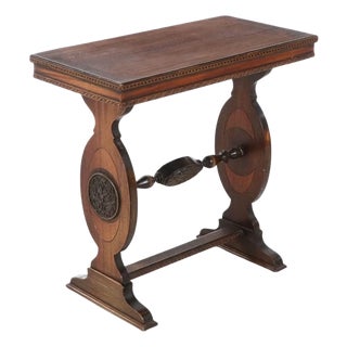 20th Century Renaissance Revival Walnut Inlay Accent Table With Trestle Base For Sale