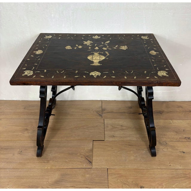 1930s Spanish Baroque Style Side Table with Floral Marquetry Top and Ebonized Base For Sale - Image 11 of 13