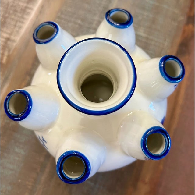 Mid-Century Modern Vintage Delft Style 7 Finger Hand Painted Dutch Motif Tulip Vase For Sale - Image 3 of 5