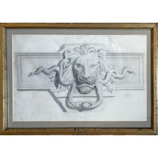Late 19th Century Still Life Drawing of Lion and Snake Door Knocker, Framed For Sale